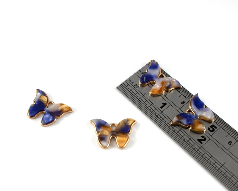 6 x Gold Blue Resin Butterfly Charms, 22x16mm (C0554)