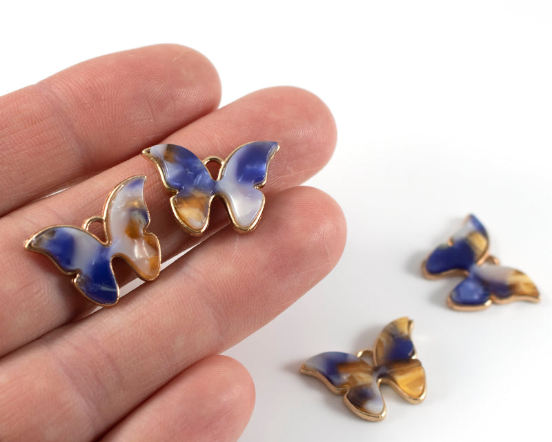 6 x Gold Blue Resin Butterfly Charms, 22x16mm (C0554)