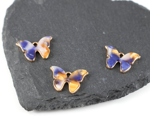 6 x Gold Blue Resin Butterfly Charms, 22x16mm (C0554)