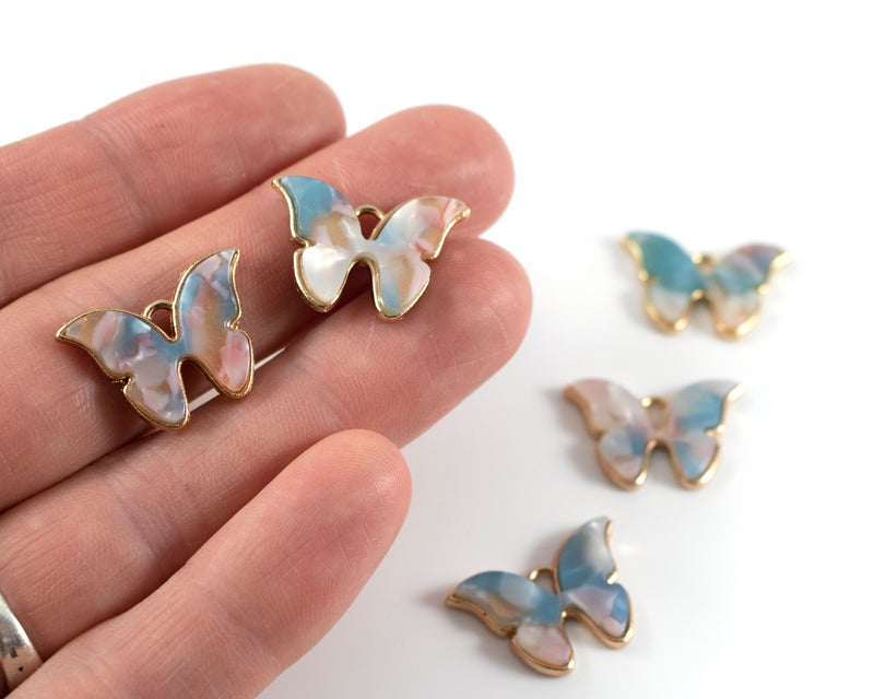 6 x Pink Blue Resin Butterfly Charms, 22x16mm (C0553)