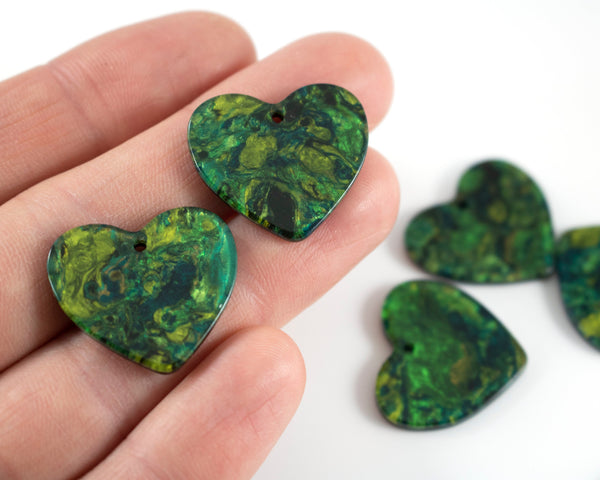 6 x Gold and Green Cellulose Acetate Heart Shaped Pendants, 23x25mm (C0593)