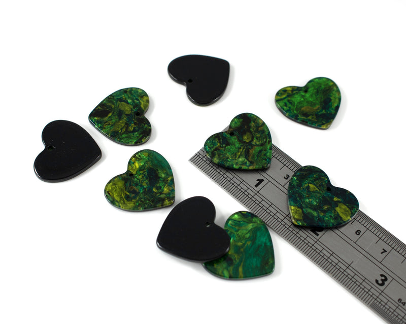 6 x Gold and Green Cellulose Acetate Heart Shaped Pendants, 23x25mm (C0593)