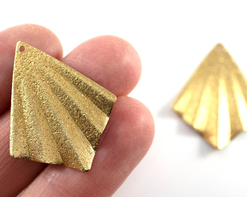 2 x Raw Brass Textured Fan Charms, 35x28mm (C0442)