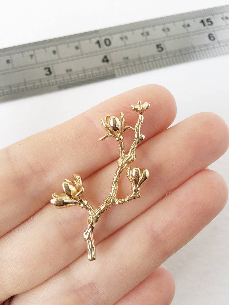 2 x Gold Plated Magnolia Branch Pendants, 42x24mm (1698)