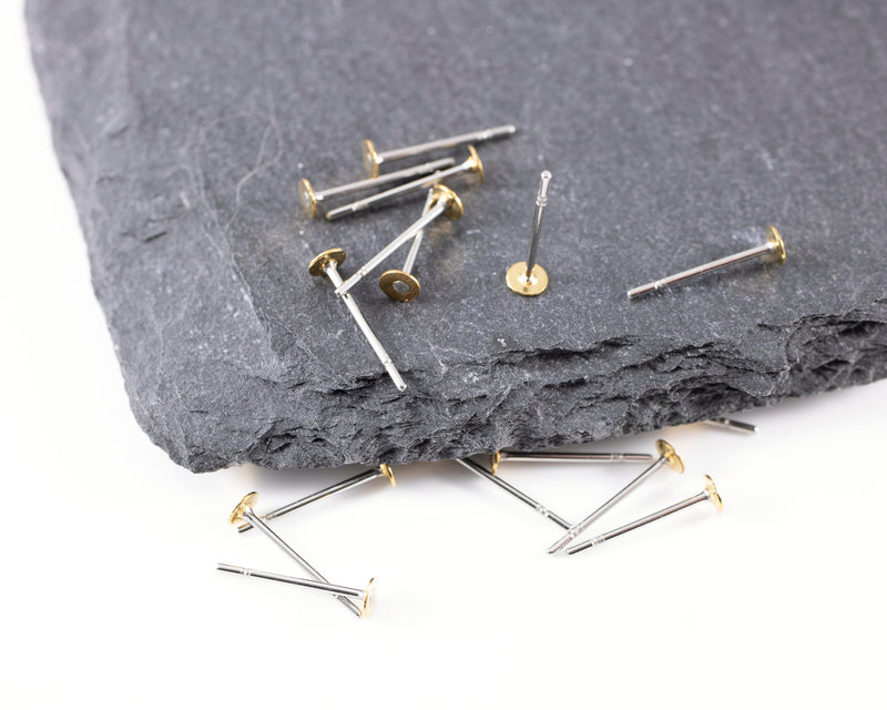 30 pairs x 12x3mm Flat Pad Brass and Stainless Steel Earring Studs (C0284)