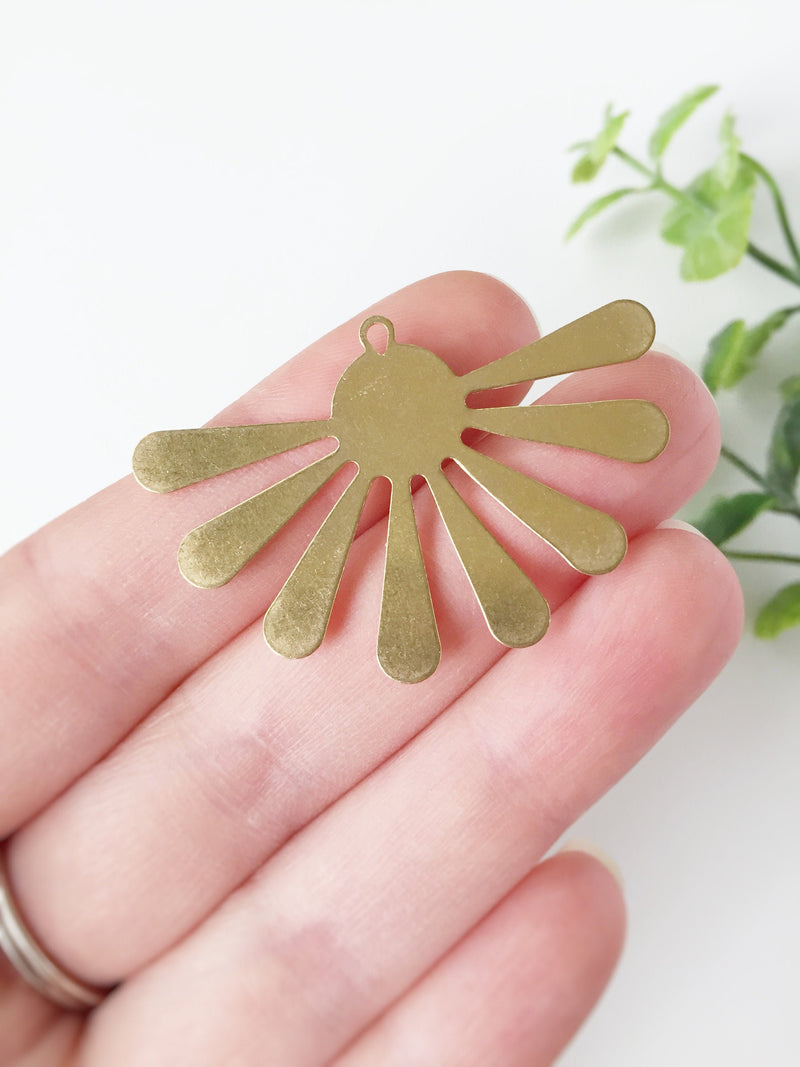 2 x Raw Brass Half Sun Ray Pendants, 44x29mm (C0066)