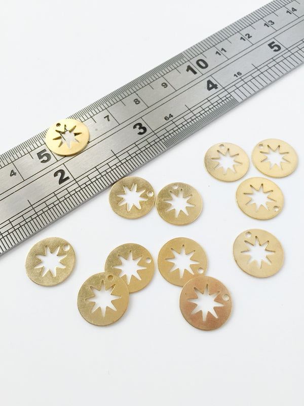 20 x Raw Brass Cut-out Sun Charms, 13mm Coin Shaped Charms (C0247)