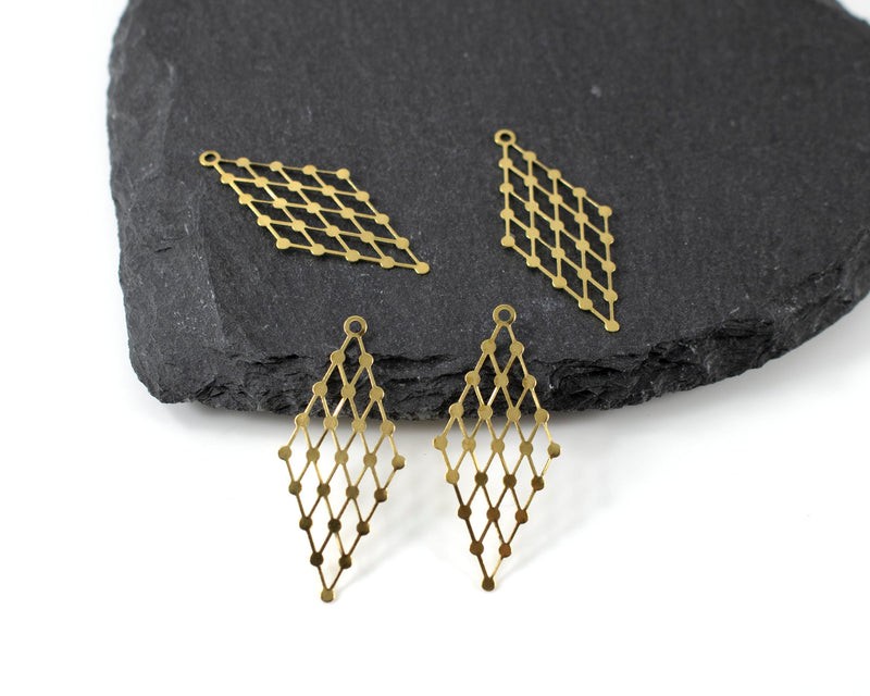 12 x Raw Brass Filigree Rhombus Pendants, 33x15mm (C0279)