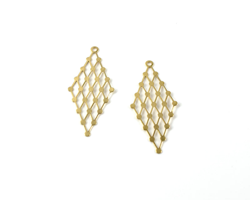 12 x Raw Brass Filigree Rhombus Pendants, 33x15mm (C0279)