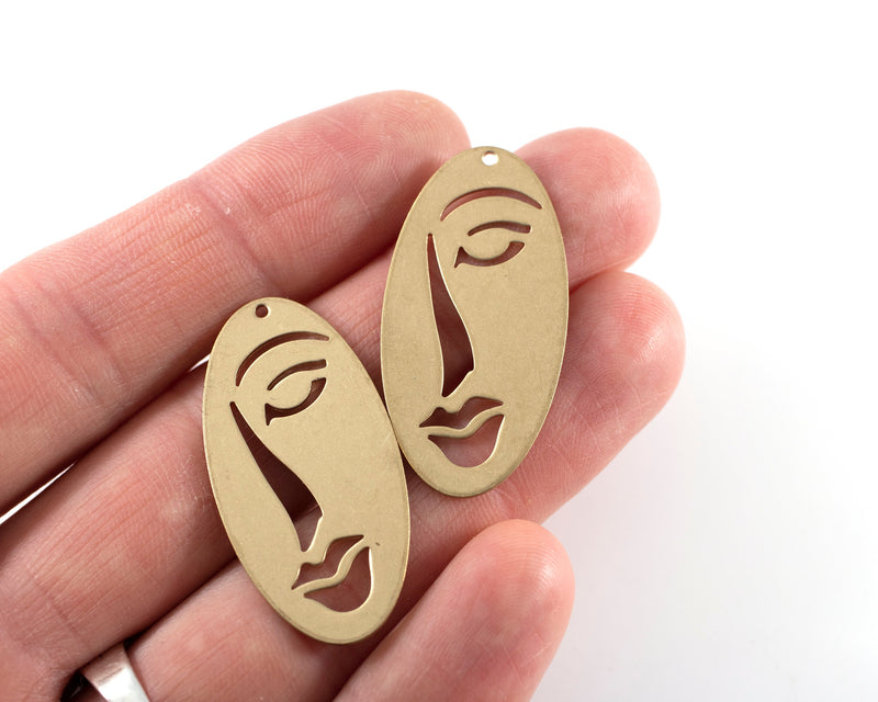 2 x Large Raw Brass Abstract Face Silhouette Pendants, 38x19mm (C0440)