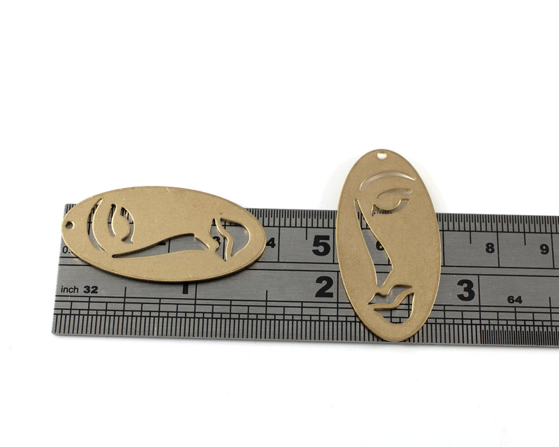 2 x Large Raw Brass Abstract Face Silhouette Pendants, 38x19mm (C0440)