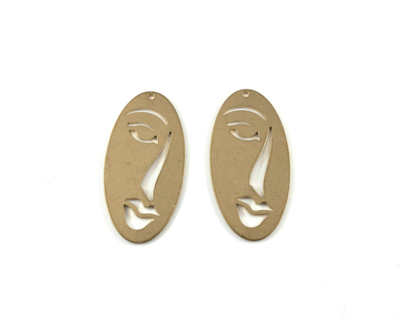 2 x Large Raw Brass Abstract Face Silhouette Pendants, 38x19mm (C0440)