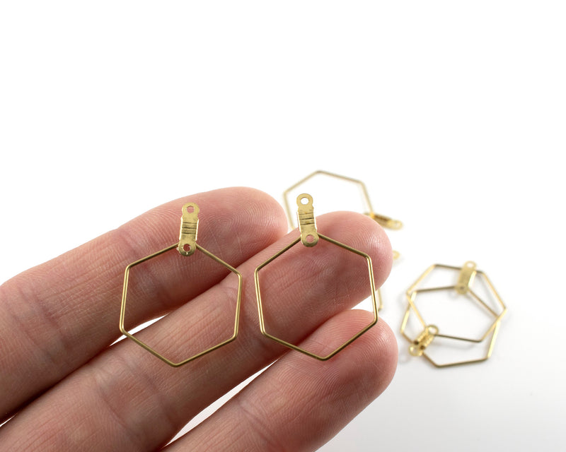 4 x Raw Brass Hexagon Pendant Connectors, 30x20mm (C0165)