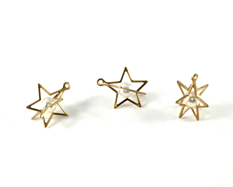 2 x Raw Brass Star Pendants With Pearl, 17x15mm (C0422)