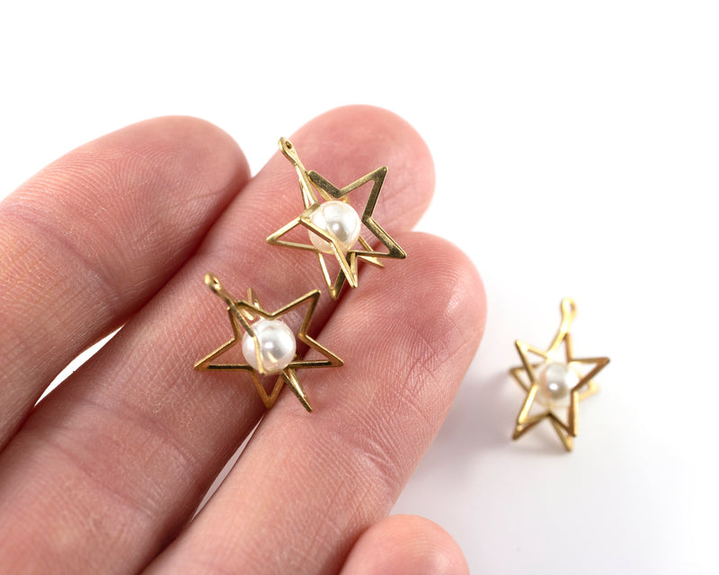 2 x Raw Brass Star Pendants With Pearl, 17x15mm (C0422)