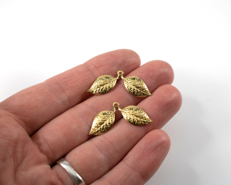 10 x Raw Brass Textured Double Leaf Charms, 31x14mm (C0096)