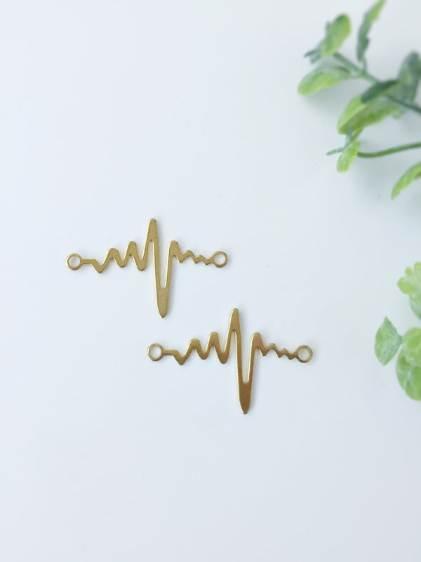 2 x Raw Brass Heartbeat Connectors, 38x24mm Brass Electrocardiogram Charms (C0059)