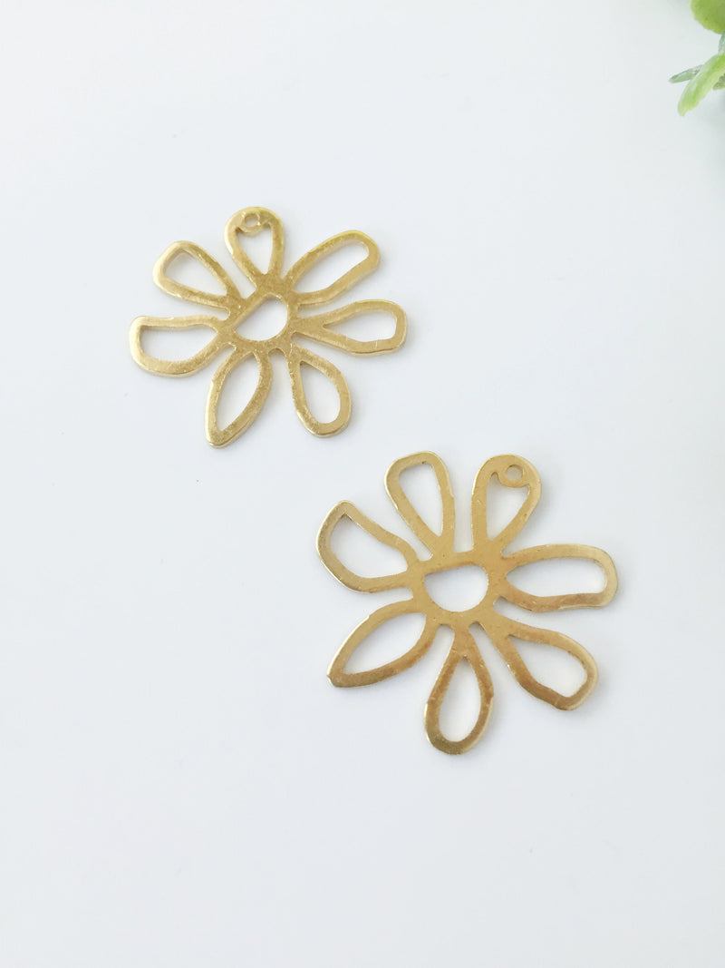 2 x Raw Brass Flower Dangle Pendants, 25mm (C0104)