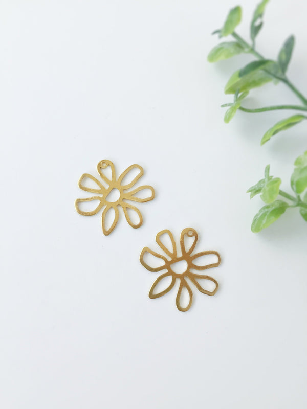 2 x Raw Brass Flower Dangle Pendants, 25mm (C0104)