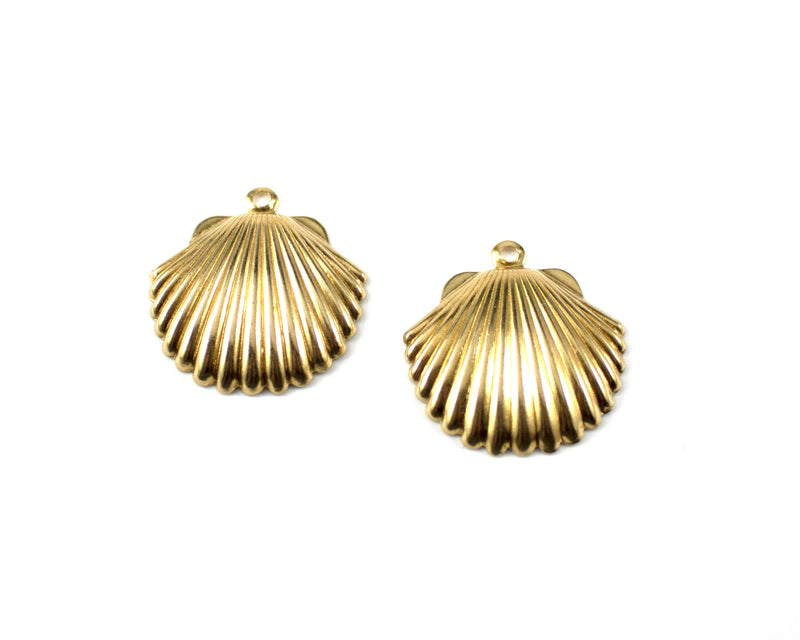 6 x Raw Brass Scallop Shell Charms, 24x22mm (C0364)