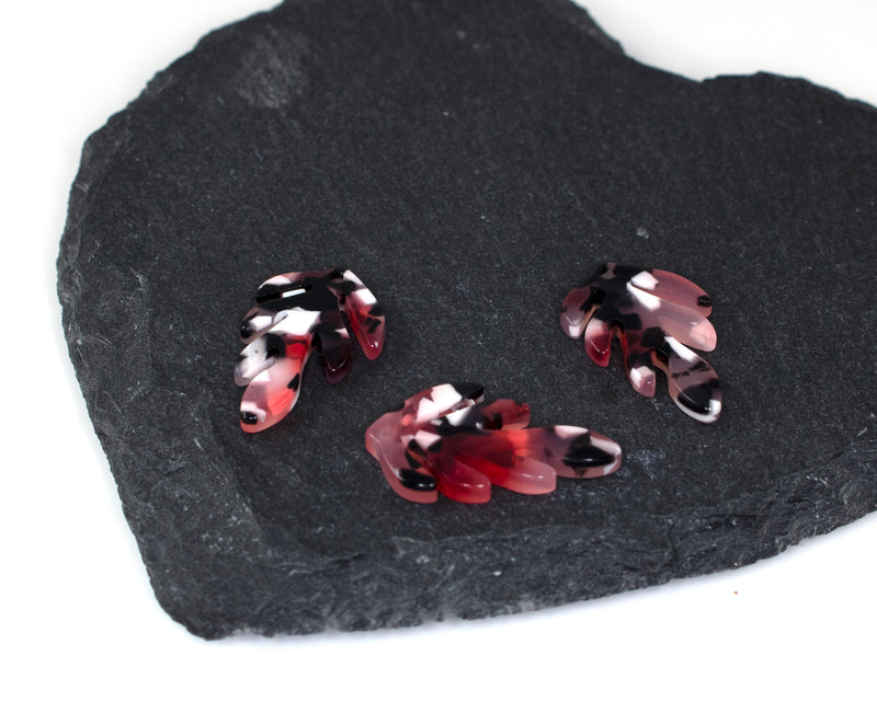 4 x Red, Black and White Cellulose Acetate Leaf Charms, 25x16mm (C0572)