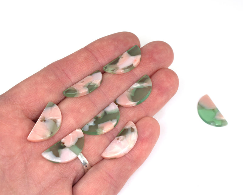 8 x Green Pink Half Circle Cellulose Acetate Charms, 13x11mm (C0571)