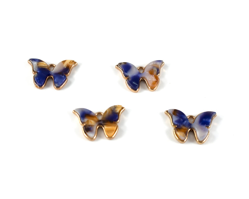 6 x Gold Blue Resin Butterfly Charms, 22x16mm (C0554)