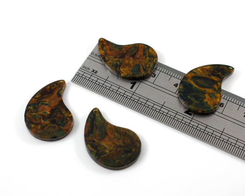 6 x Green Amber Teardrop Pendants, 28x20mm Moss Effect Charms (C0590)