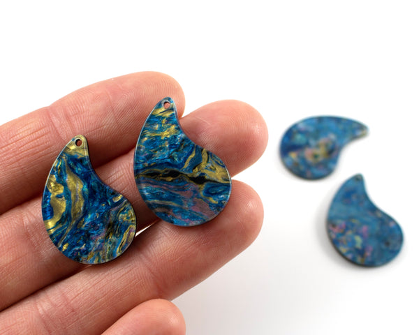 6 x Blue and Gold Cellulose Acetate Teardrop Pendants, 28x20mm (C0591)