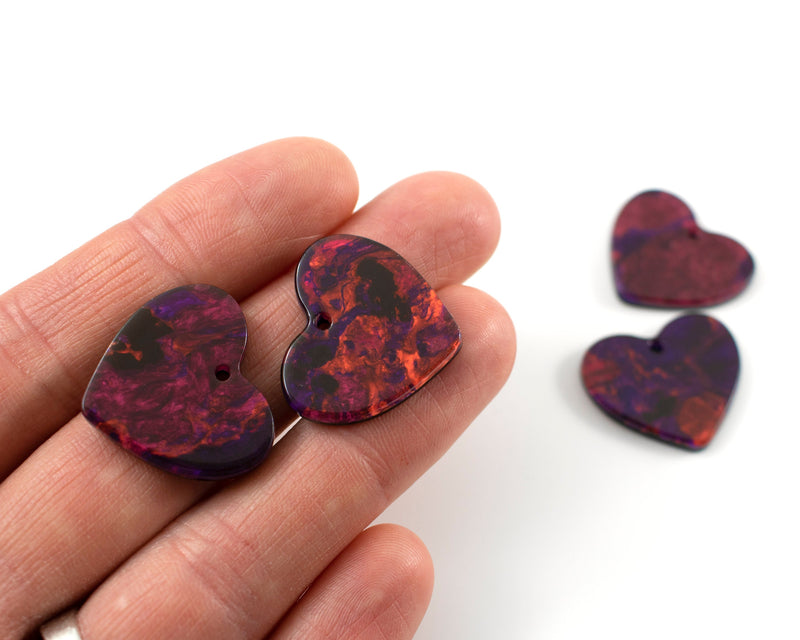 6 x Burgundy Red Cellulose Acetate Heart Shaped Pendants, 23x25mm (C0588)