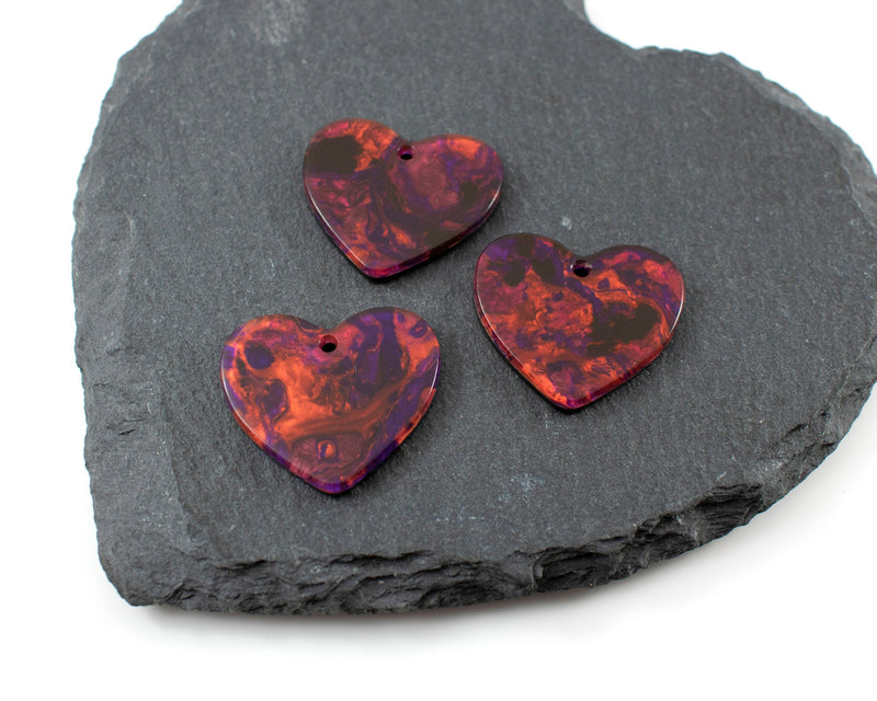 6 x Burgundy Red Cellulose Acetate Heart Shaped Pendants, 23x25mm (C0588)