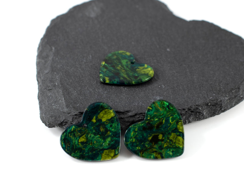 6 x Gold and Green Cellulose Acetate Heart Shaped Pendants, 23x25mm (C0593)