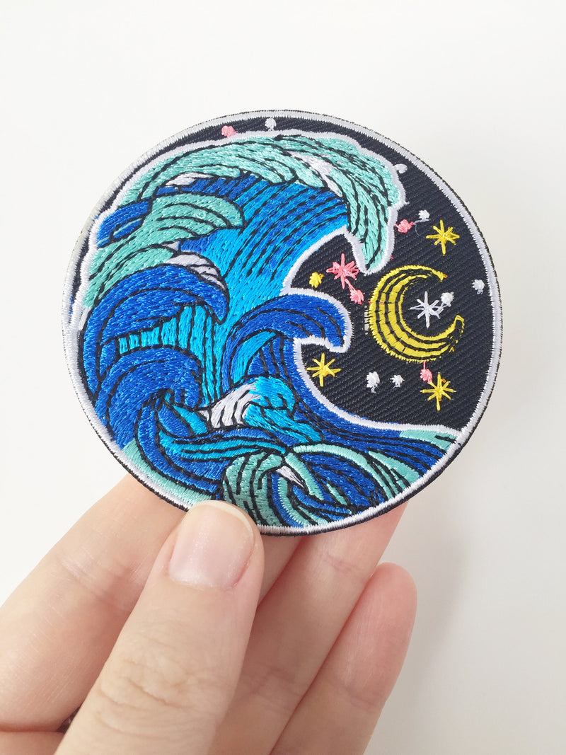 Ocean Wave Iron-on Patch, Night Sea Kanagawa Wave Embroidery