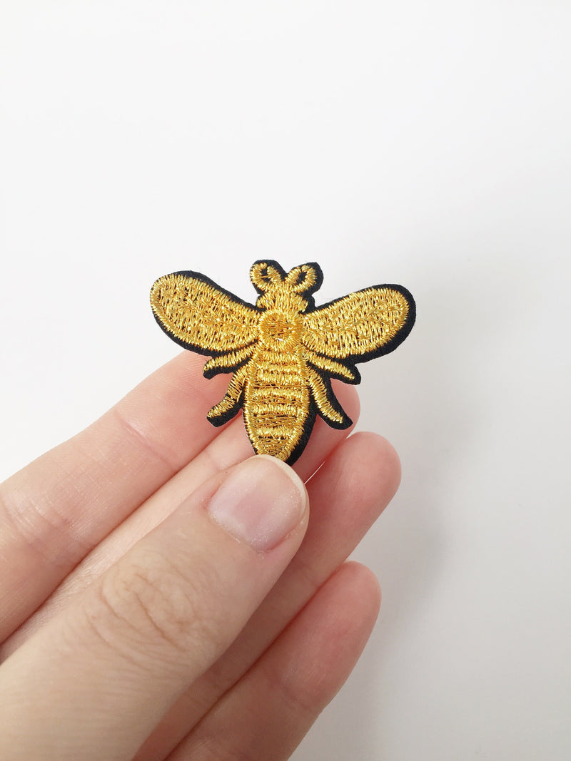 Gold Bee Iron-on Patch, Bee Embroidery, Queen Bee Motif, Bee Applique, Embroidered Bee Badge Three Sizes