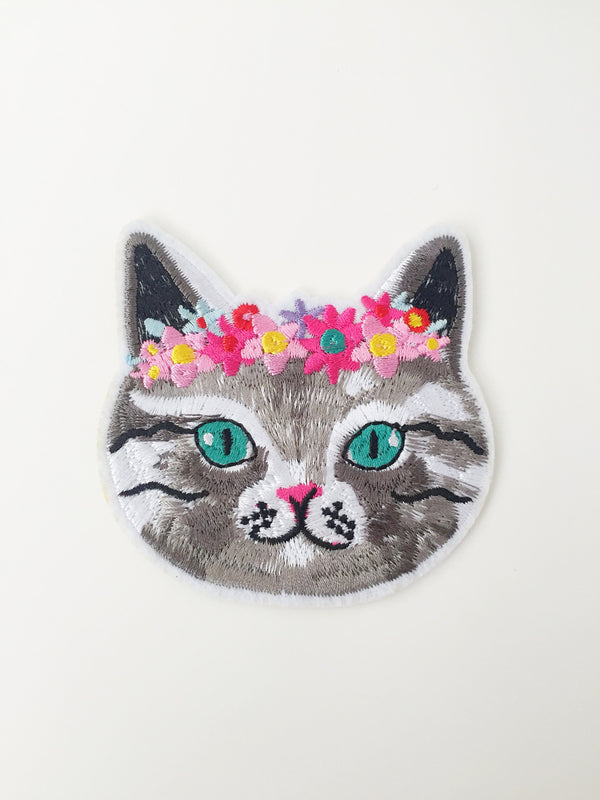 Floral Crown Cat Iron-on Patch, Embroidered Cat Applique