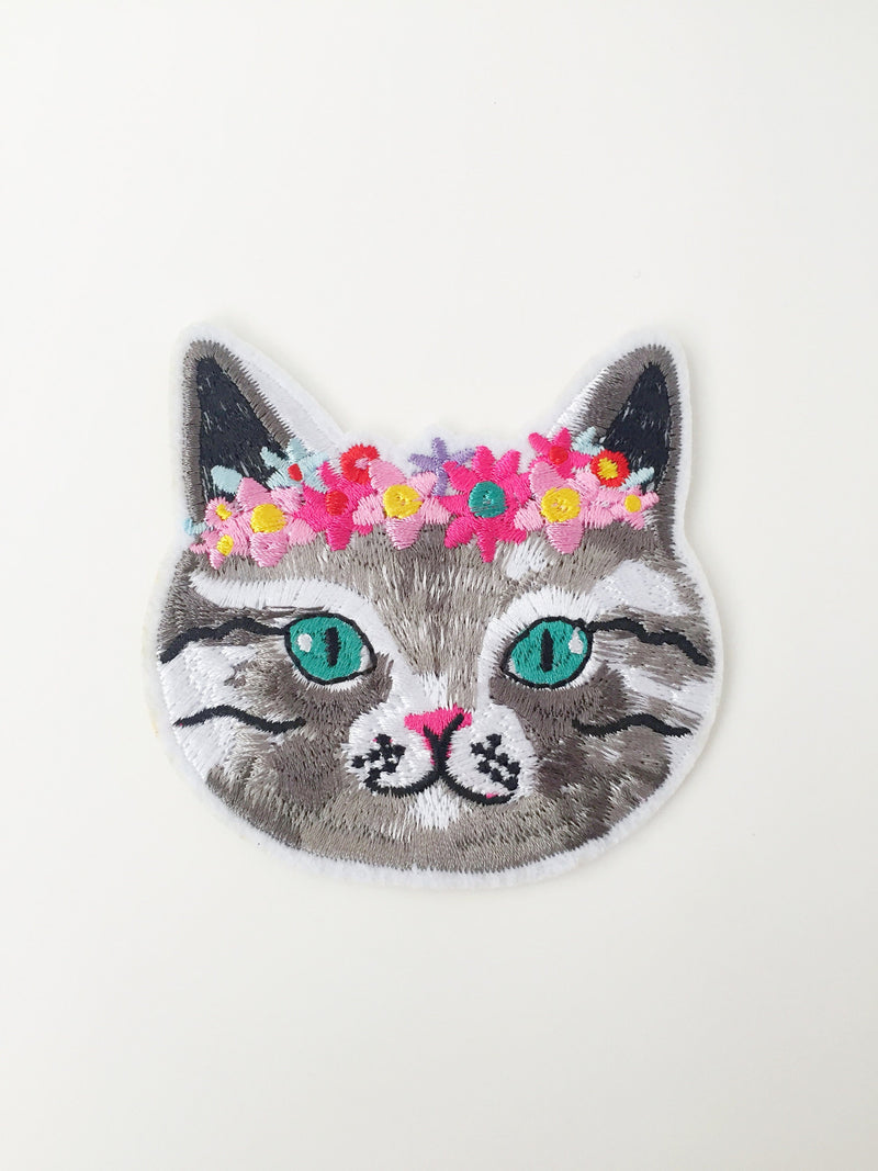 Floral Crown Cat Iron-on Patch, Embroidered Cat Applique