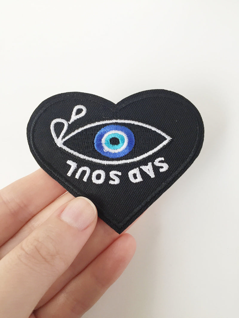 Sad Soul Heart and Eye Iron-on Patch, Embroidered Applique