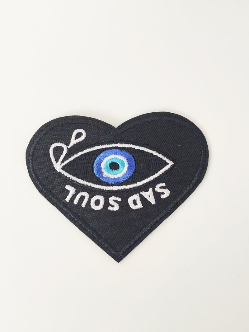 Sad Soul Heart and Eye Iron-on Patch, Embroidered Applique