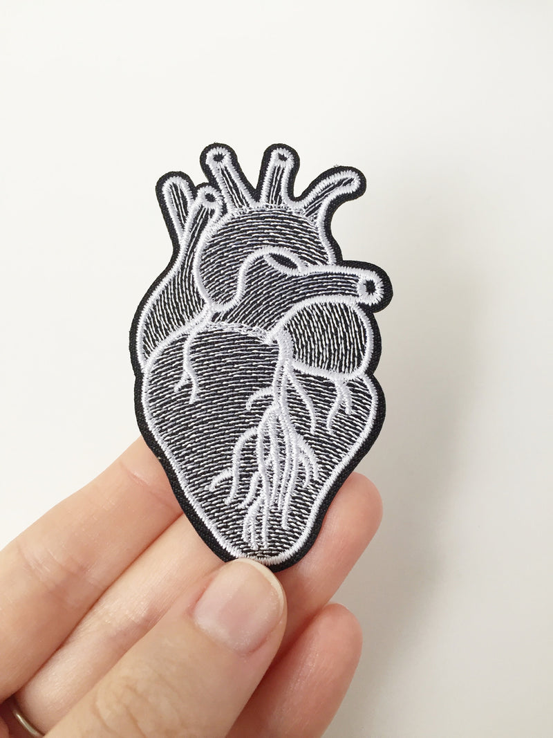 Black and White Anatomical Heart Iron-on Patch, Embroidered Heart Applique