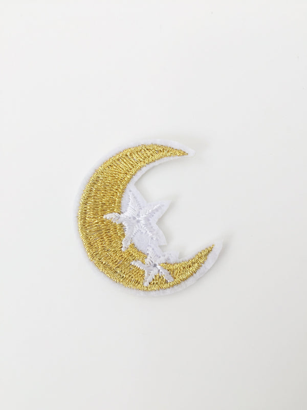 Gold Crescent Moon Iron-on Patch, Embroidered Moon and Stars Applique