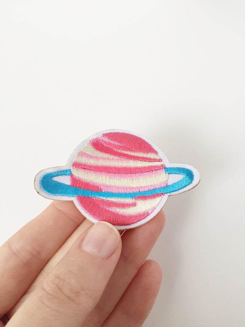 Saturn Iron-on Patch, Whimsical Pink Planet Motif