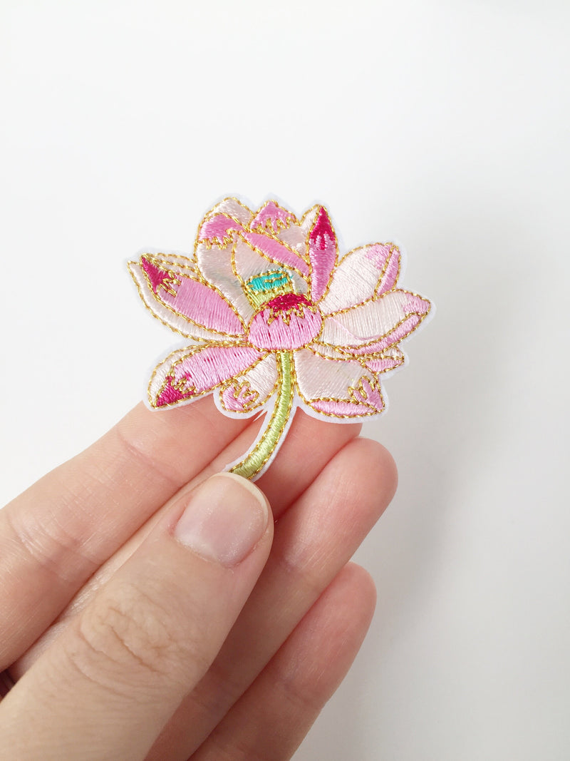 Lotus Iron-on Patch, Embroidered Lotus Flower Badge