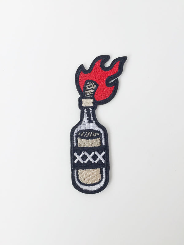 Flaming Spirit Bottle Iron-on Patch, Petrol Bomb Applique (P068)