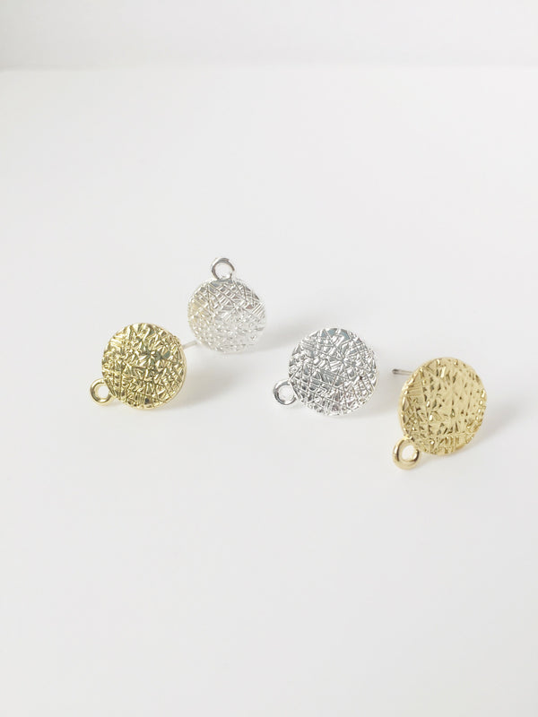 1 pair x Textured Gold Flat Round Earring Studs with Loops (1896)