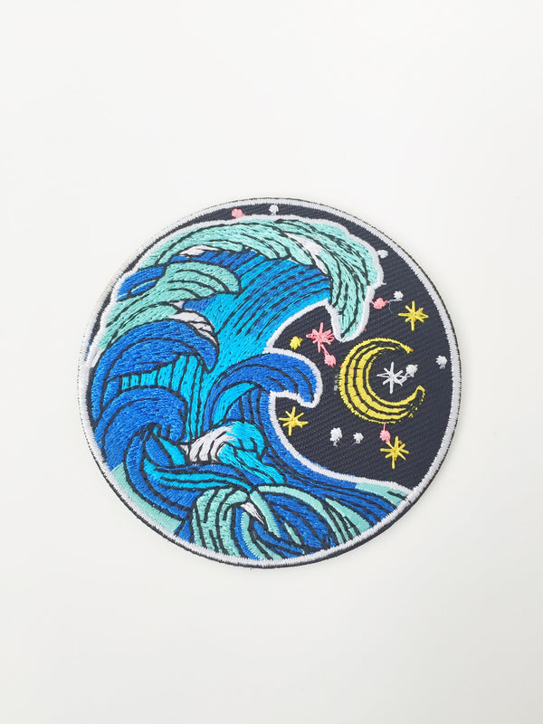 Ocean Wave Iron-on Patch, Night Sea Kanagawa Wave Embroidery