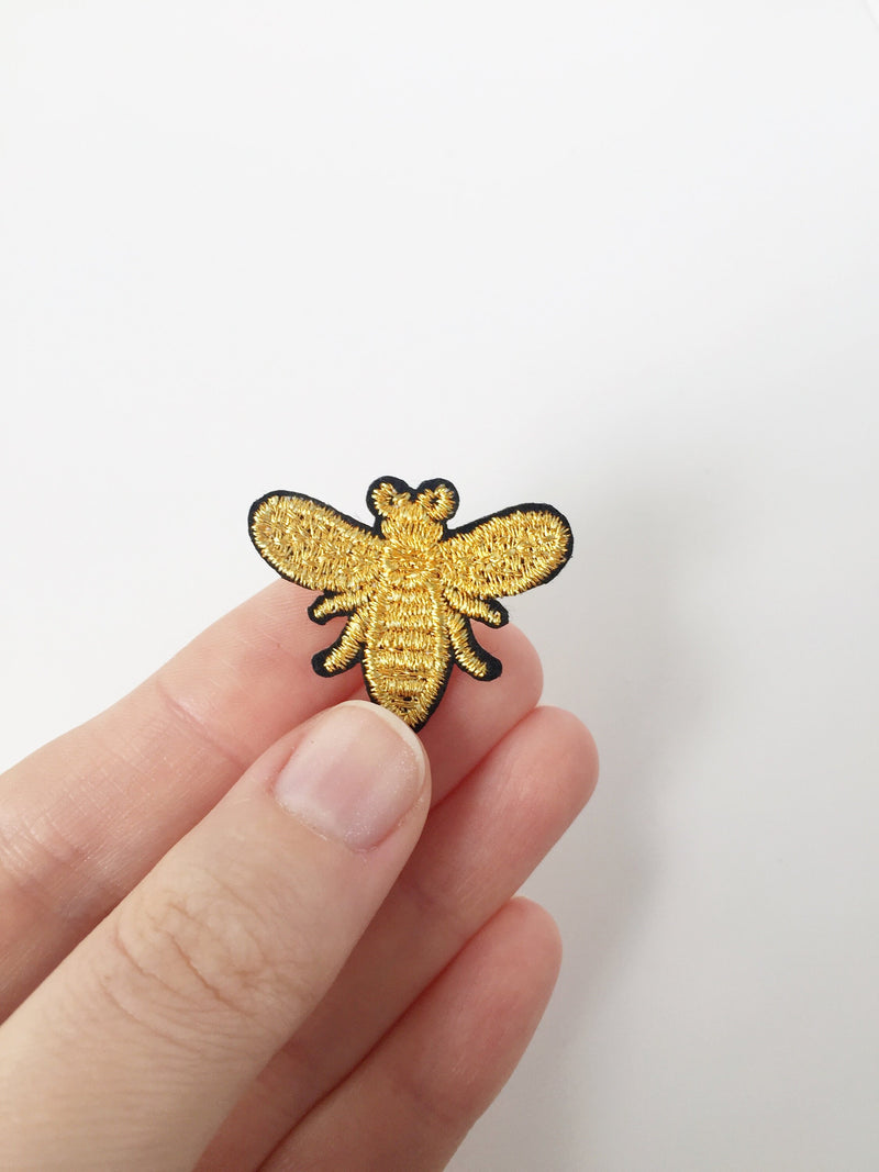 Gold Bee Iron-on Patch, Bee Embroidery, Queen Bee Motif, Bee Applique, Embroidered Bee Badge Three Sizes