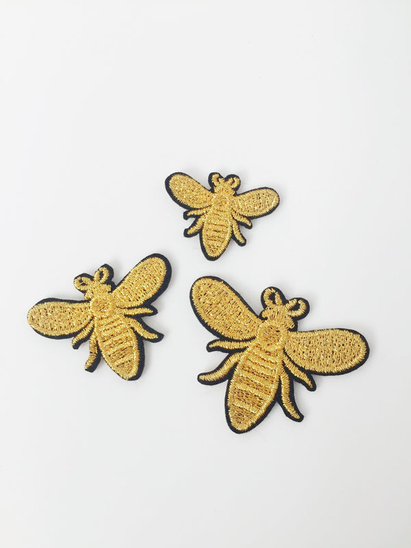 Gold Bee Iron-on Patch, Bee Embroidery, Queen Bee Motif, Bee Applique, Embroidered Bee Badge Three Sizes