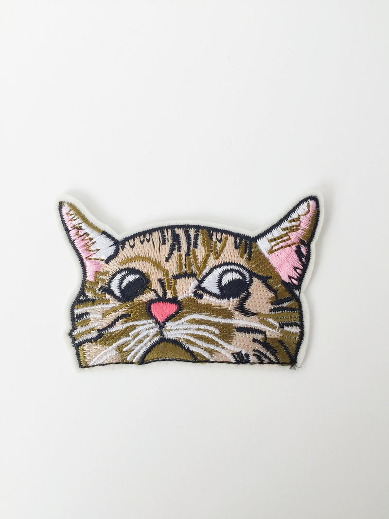 Peeping Cat Iron-on Patch, Embroidered Tabby Cat Badge