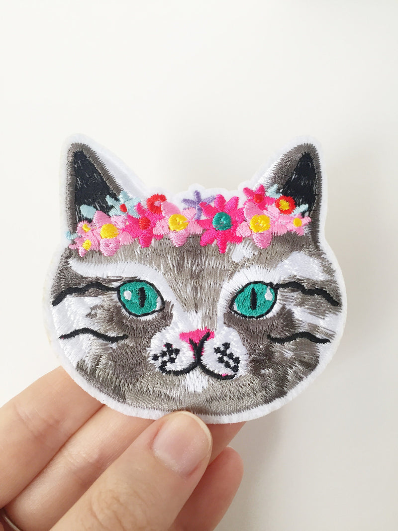 Floral Crown Cat Iron-on Patch, Embroidered Cat Applique