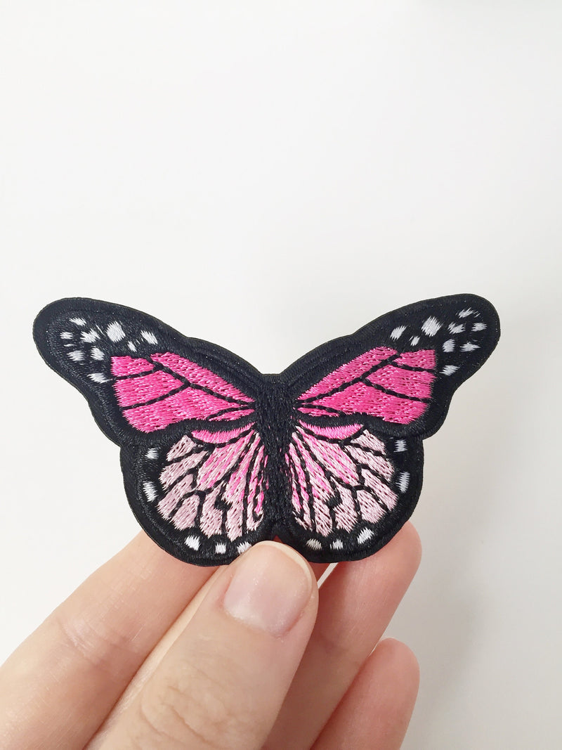 Pink Butterfly Iron-on Patch, Embroidered Butterfly Applique